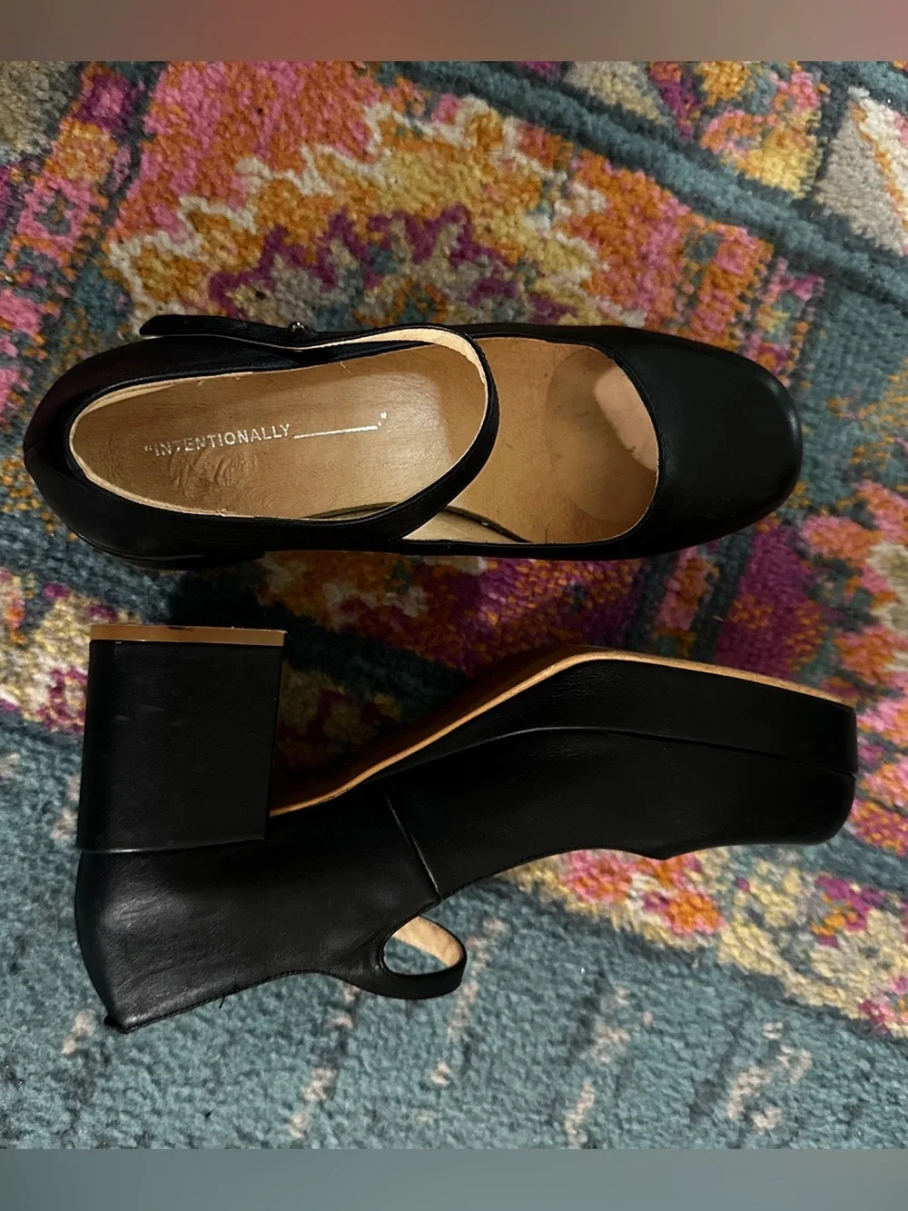INTENTIONALLY BLANK Black Leather Platform Mary Jane Heels